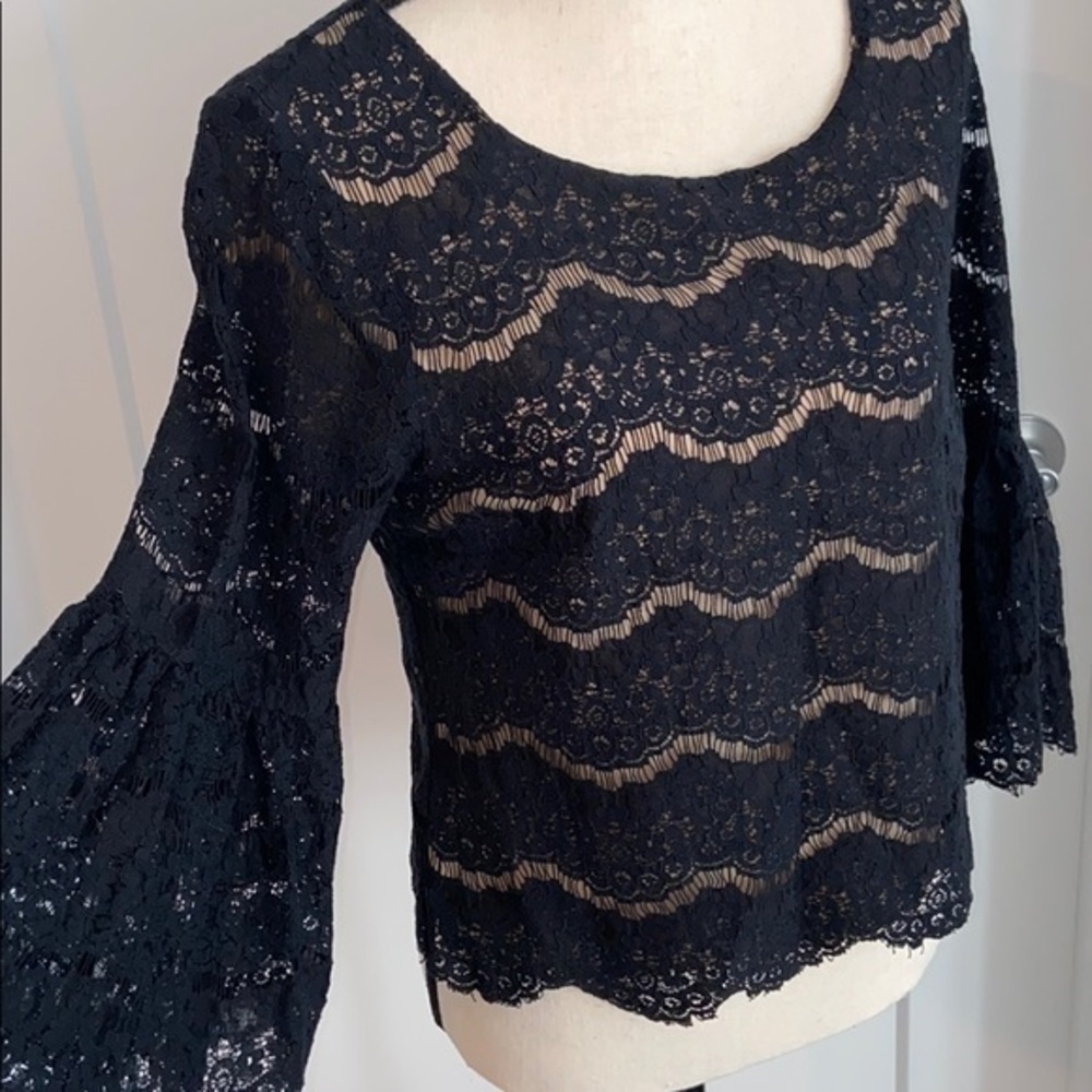 Black & Nude Lace, Bell Sleeve Top​ - Picture 2 of 7